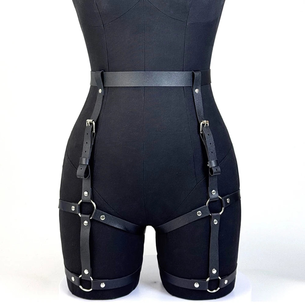 Women Fashion Harness Waist Belt Set PU Leather Harness Waist Belt Body Harness Breast Leg Garter Belt Goth Clothing Accessory