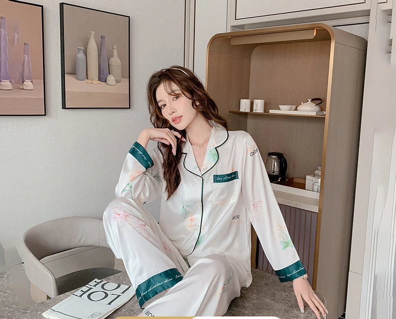 Satin Silk Pajamas for Women's Set pyjamas Button Pigiama Donna pjs Winter Mujer Pijama Sleepwear Nightwear woman 2 piece set