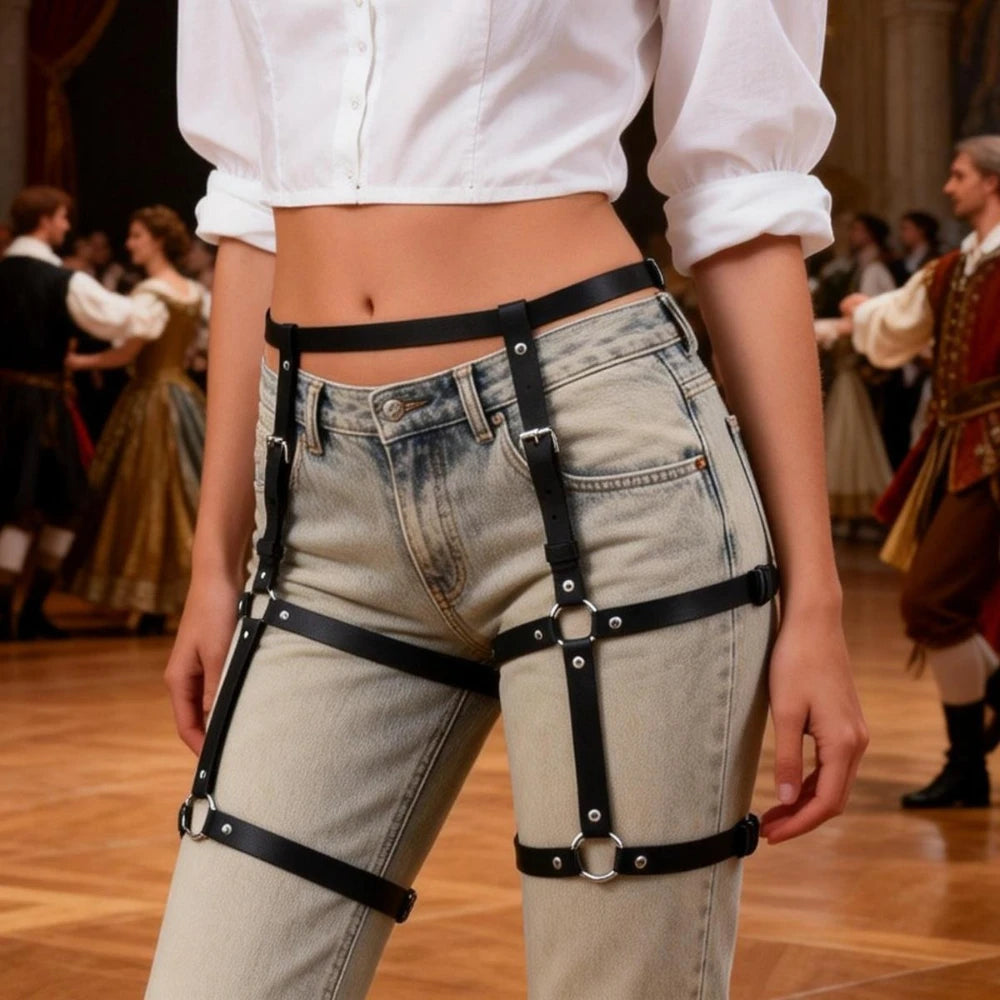 Women Fashion Harness Waist Belt Set PU Leather Harness Waist Belt Body Harness Breast Leg Garter Belt Goth Clothing Accessory
