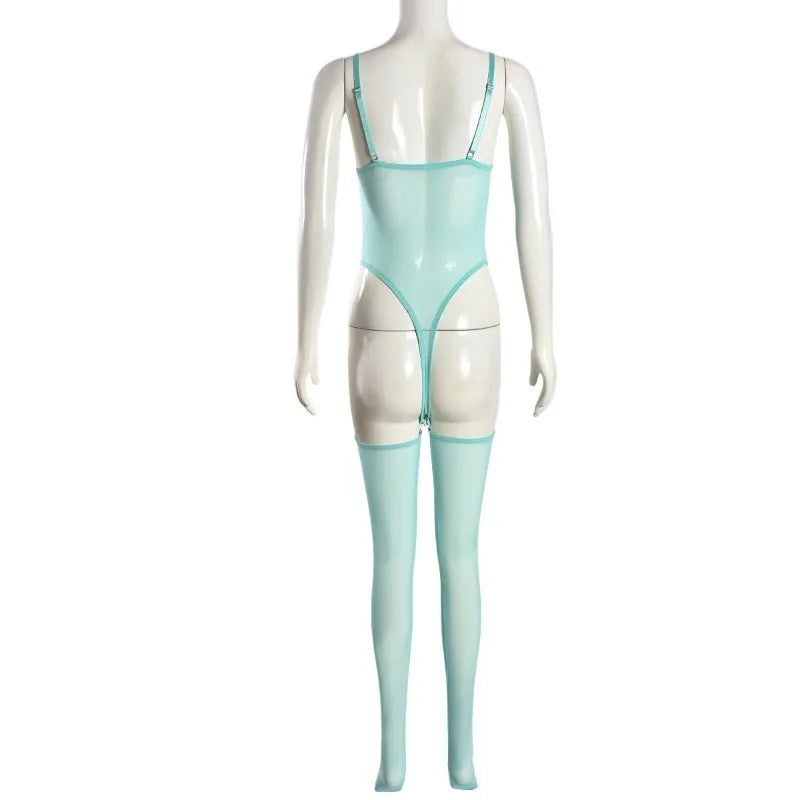 Toucheart Erotic Dress with Leg Socks Mesh See-through Patchwork Seductive Body Shaping Backless Women Intimate Hollow Dress Set
