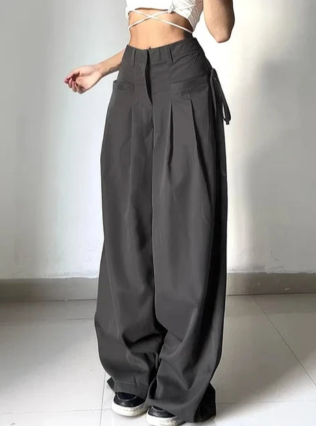 Women Wide Leg Cargo Pants High Waist Streetwear Trousers 2026 Spring Autumn Solid Black Loose Pleated Casual Pants S-XXL Size