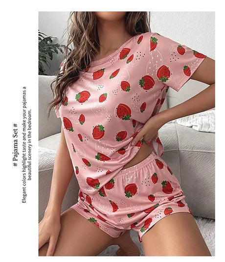 Women's Sleepwear Cute Strawberry Print Pajama Pj Set Summer Short Sleeve Top & Shorts Loungewear Soft Comfortable Home Clothing