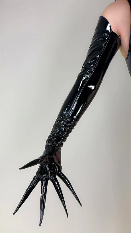 POINTED FINGER GLOVES 85cm 33" Long Spike Shoulders Patent Faux Leather PU Arm Warmers Shine Black LLDLLNT