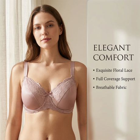 Sheroine Plus Size Floral Lace Underwire Bra, Minimizer Full Coverage Non Padded Support Bra for Everyday Comfort & All-Day Wear