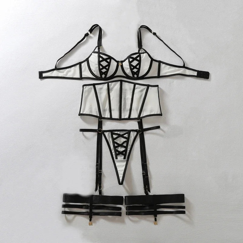 Women's Black White Contrast Strappy Lingerie Set 4PCS Underwire Bra Waist Cincher Garter Belt Thong Thigh Cuffs Sexy Intimate
