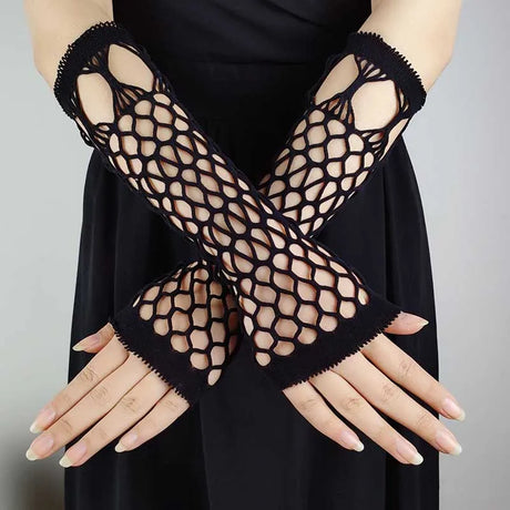 Sexy Elastic Mesh Gloves With Colored Flash Diamonds Bungee Stage Performance Hollow Fishing Net Punk Hiphop Women's Gloves R51