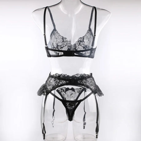 Krasapt Black Bow Embroidery See-Through Woman Lingerie 3Pcs Sexy Romantic Female Bra And Panty Garters Sets Exotic Onlyfans Kit