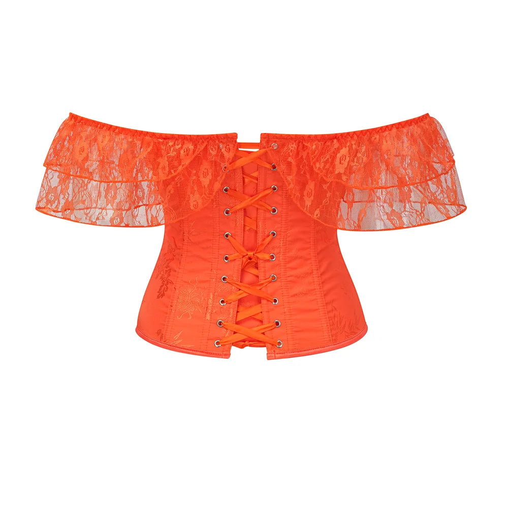 Women Sky Blue Retro Jacquard Corset Tops Lace Short Sleeved One Shoulder Sexy Slimming Shaper Overbust Bustiers Lingerie