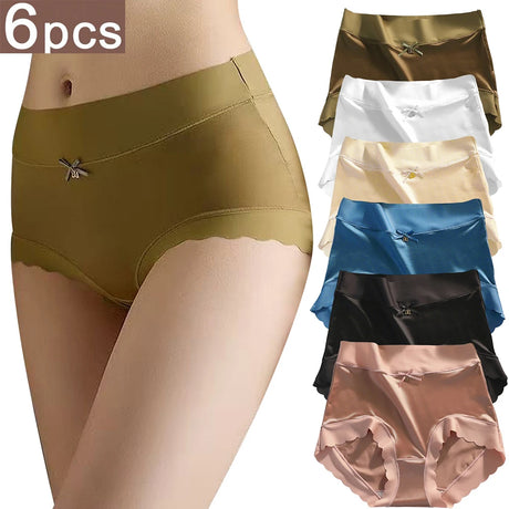 6pcs Women's Seamless Luxury Satin Briefs Mid-Waist Ruffle Mulberry Silk Butt-Lifting Panties Skin-Friendly Crotch, Sexy, Stretchy UnderWear for Women Plus Size