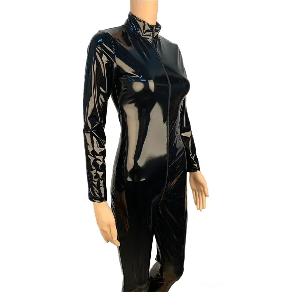 Sexy Hot Women Faux Leather Catsuit PVC Latex Bodysuit Front Zipper Open Crotch Jumpsuits Stretch Bodystocking Costumes