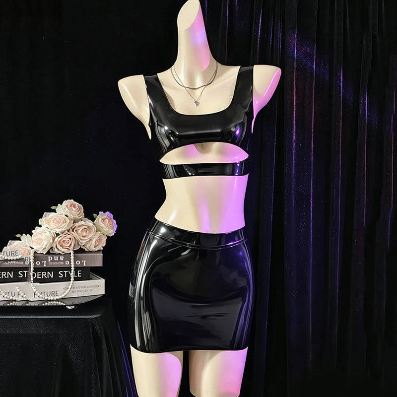 Sexy Women's Latex Clothing PU Elastic Hip Short MINI Skirt Shiny Maid Erotic Latex Top Intimate Lubrication Porn Costume