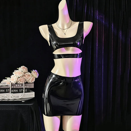Sexy Women's Latex Clothing PU Elastic Hip Short MINI Skirt Shiny Maid Erotic Latex Top Intimate Lubrication Porn Costume