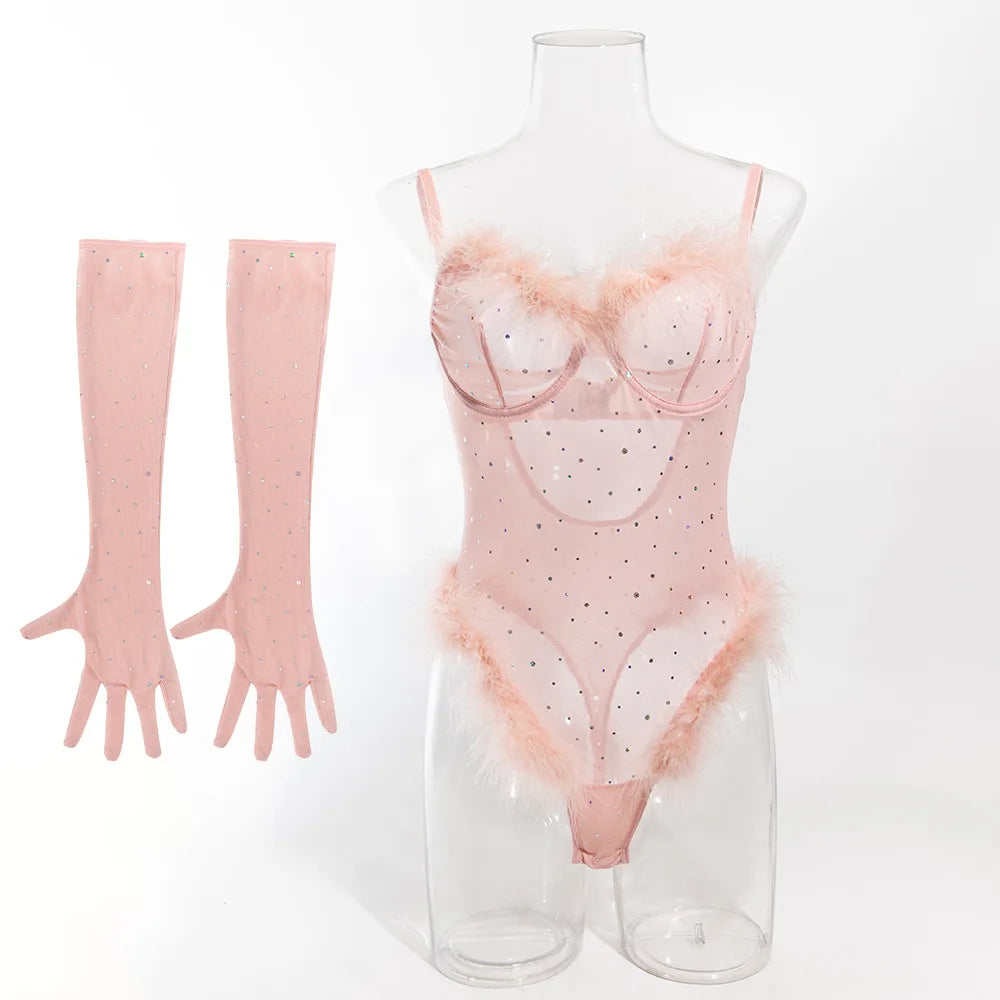 Women's Lingerie Bodysuit Rhinestone Mesh Feather Trim Sheer Teddy With Gloves Set Sleepwear Nightwear Party Clubwear Outfit
