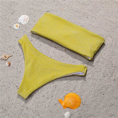 Shiny Bikini Bandeau Swimsuit Tinsel Swimwear Y2K Trend Women Strapless Micro Bathing Suit Brazilian Beach Outfit Bikinis Tangas
