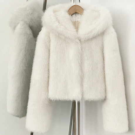 Women's Faux Fur Jacket White Mountain Fashion Hooded Cropped Faux Fur Coat Women Fluffy Women's Plush Coat Girls Hot Overcoat