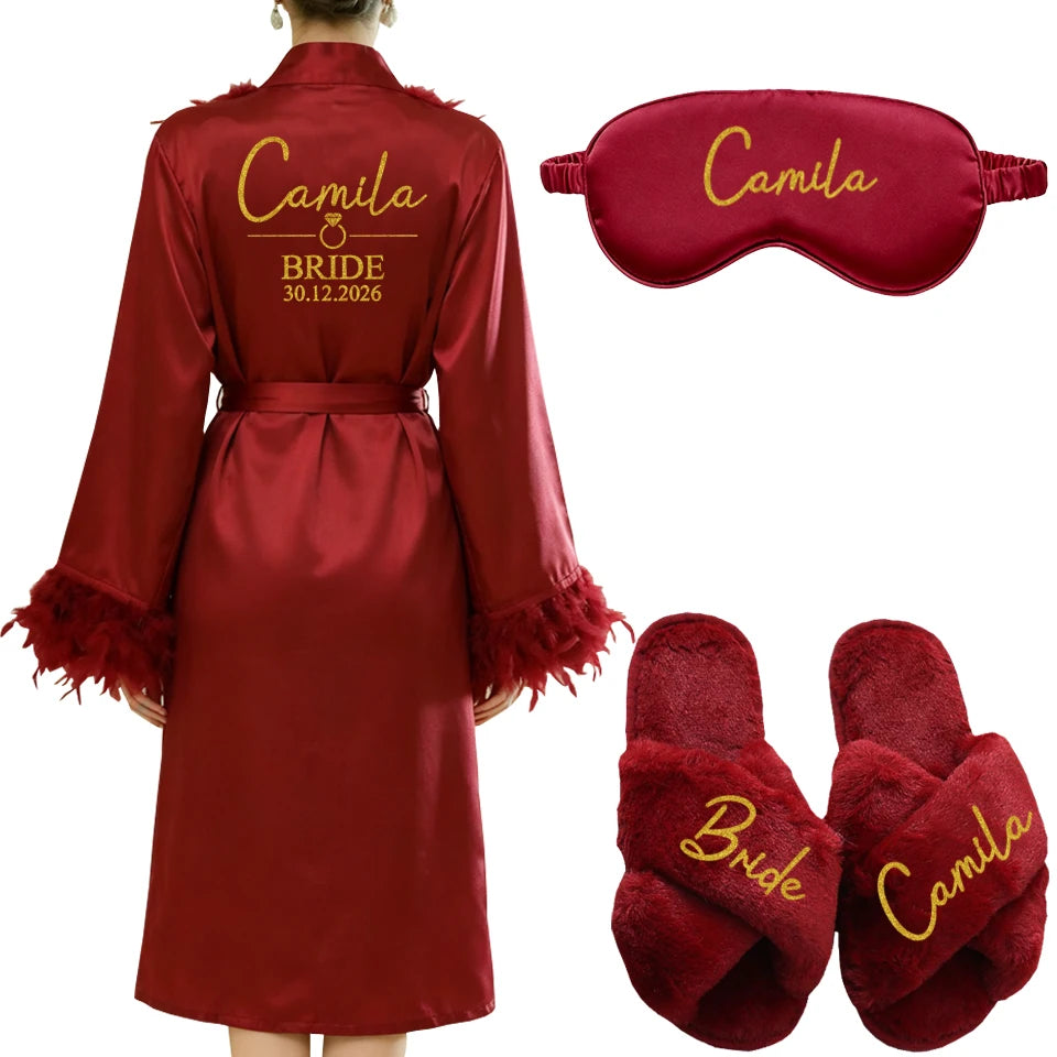 Personalized Name Date Wedding Feather Bride Robe Bridesmaid Bathrobe Nightwear Long Elegant Woman Gown Sexy Nightgown for Party