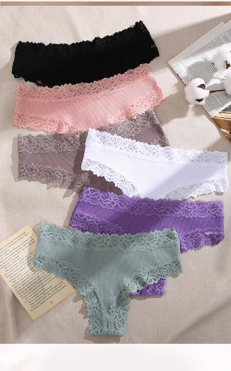 3PCS/Set Sexy Lace Seamless Cotton Brazilian Panties Women Ribbed Intimates Breathable Panties Low Waist Female Cotton Underwear
