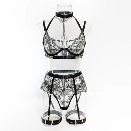 Sexy Lace Lingerie Set With Garter Belt Eyelash Underwire Bra Nude Illusion Strappy Sensual Costume Exotic Underwear Party Club