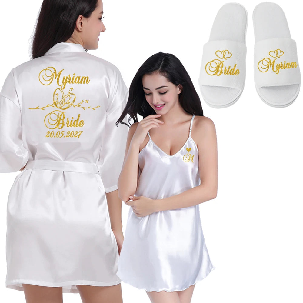 Customized Logo Wedding Date Name Bathrobe Faux Silk Bridal Robe Bride Bridesmaid Wedding Robes Woman Bachelorette Preparewear