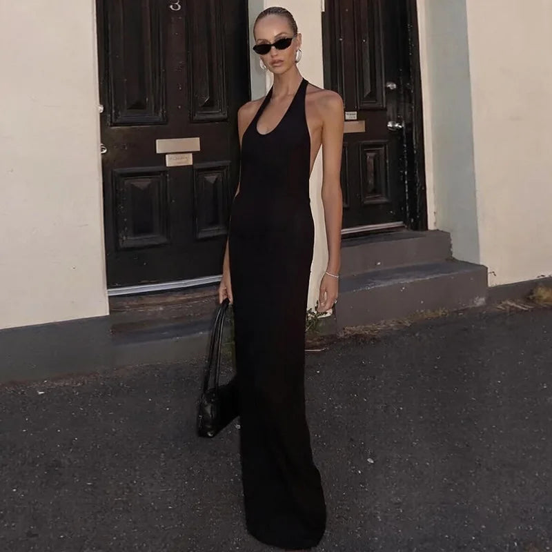 Typhaland Backless Sexy Halter Long Eevning Party Drss Female V Neck Streetwear Dress Hit Girl Slim Female Black Maxi Dress Lady
