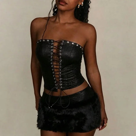 Elegant Sleeveless Slim Mini Skirt Outfits Sexy Strapless Bandage Lace-Up Vest & Skirt Set Women Fashion Fur Splicing Solid Suit