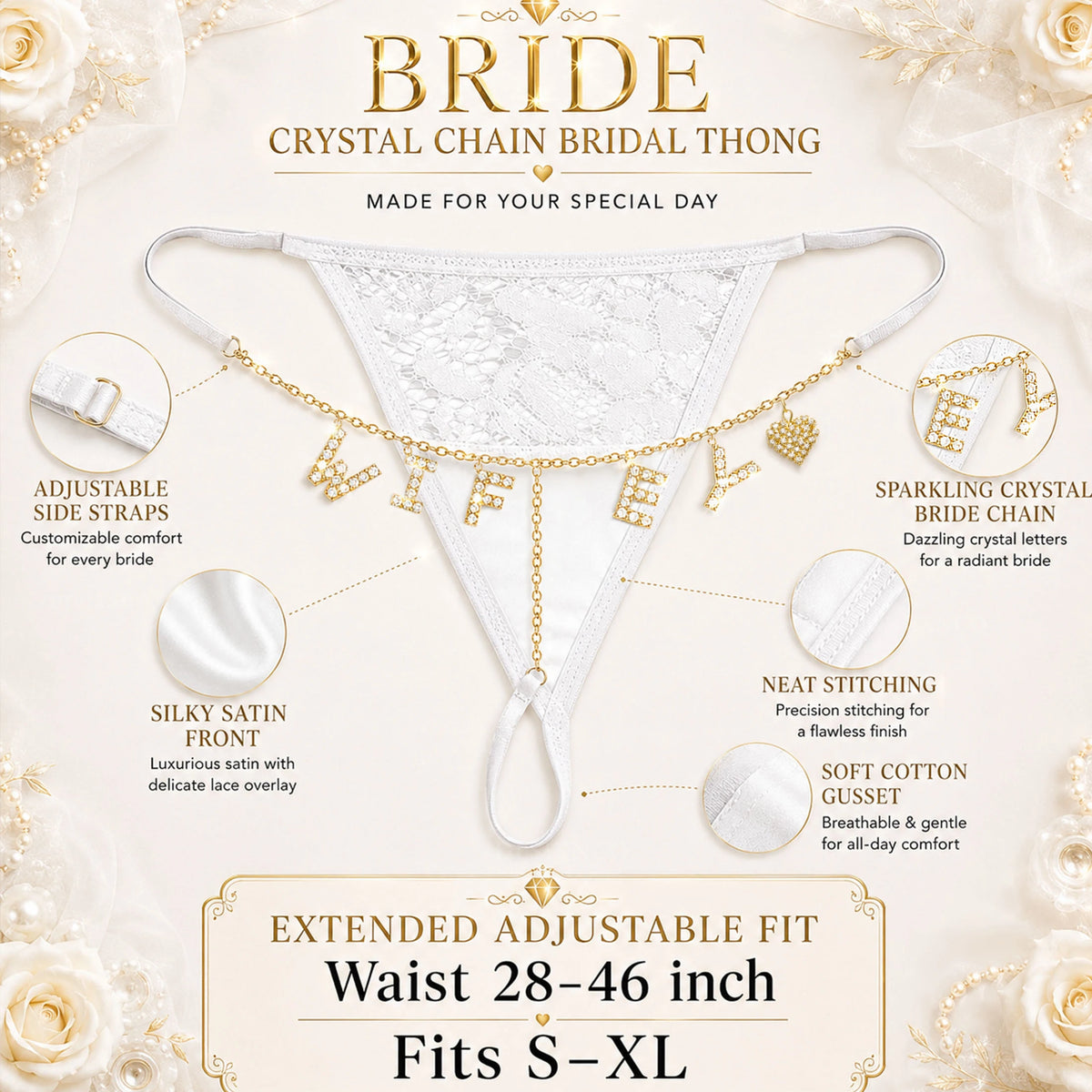 Personalized Custom Name Rhinestone Letter Chain Lace Thong for Women Adjustable Bridal Wedding Lingerie Underwear Gift