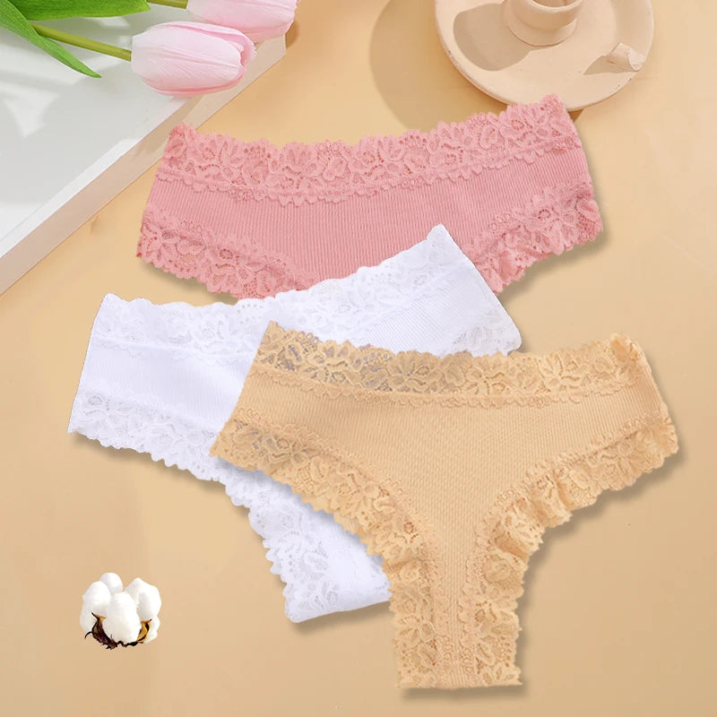 3PCS/Set Sexy Lace Seamless Cotton Brazilian Panties Women Ribbed Intimates Breathable Panties Low Waist Female Cotton Underwear