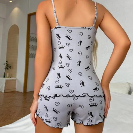 Sexy Summer Two Pieces Women Pajamas Set Deep V-Neck Tops And Shorts Pajama Suit Ladies Sleeveless Nightwear For Female