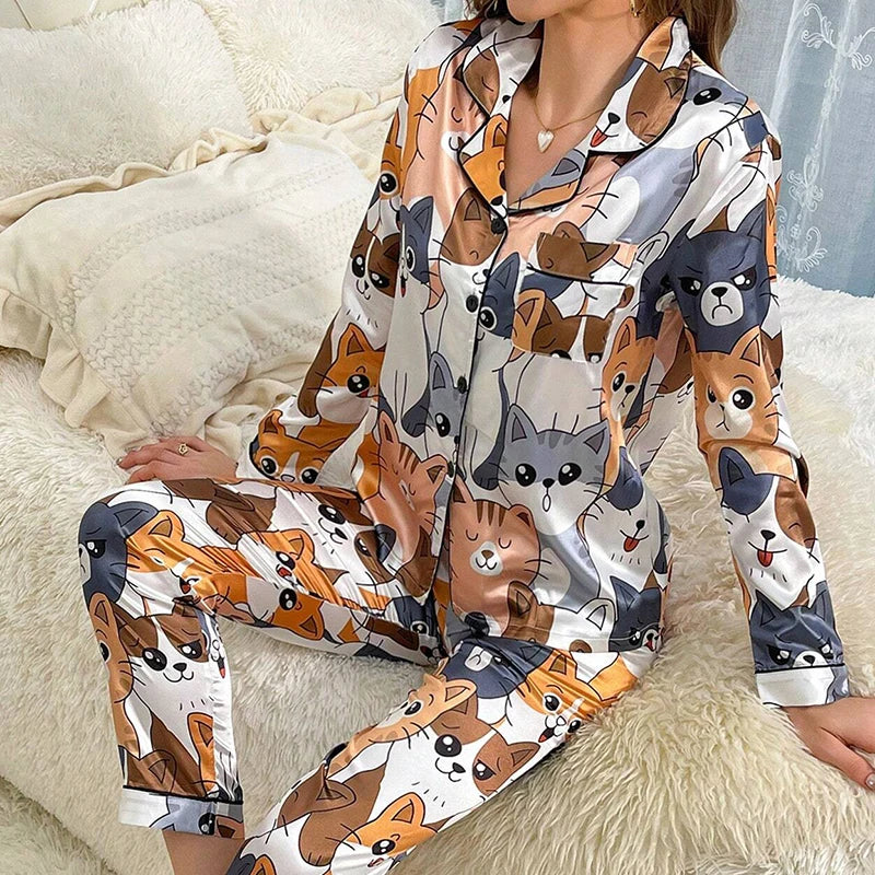 Women Satin Pajama Casual Sleepwear Home Clothes Suit Autumn Long Sleeve Button Up Top & Pants Nightwear Loungewear Pyjama Femme