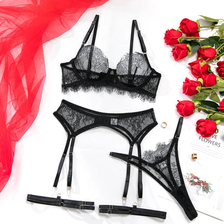 Women's Pink Floral Lace Sheer Lingerie Set See-Through Push-Up Bra Waist Cincher with Garter Belt Thong Intimate Erotic Outfits