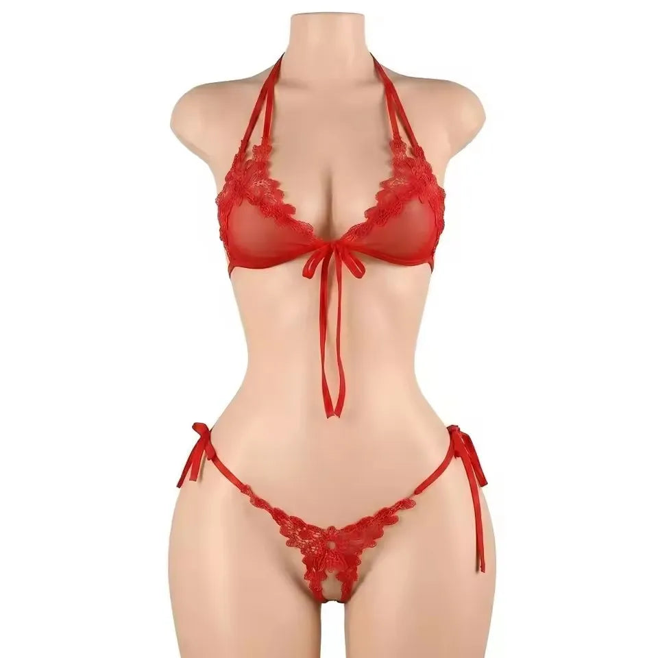 Women's Sexy Pink Mesh Underwear High Elasticity Fishnet Hollow Out Three Piece Open Crotch Babydoll Set Exotic Lingerie