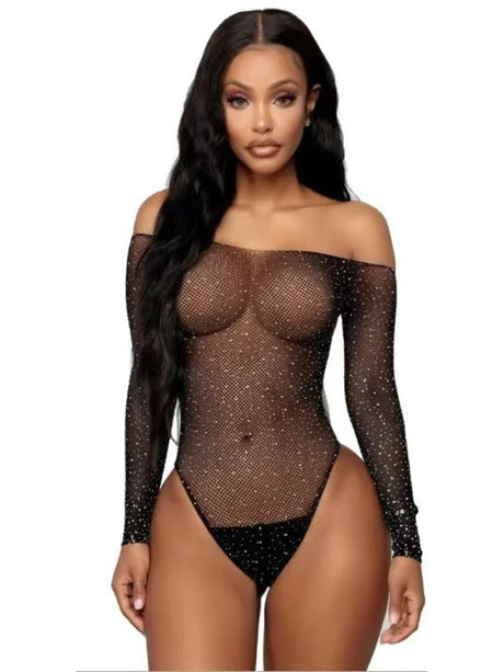 One Piece Lingerie Sexy Shimmering Mesh Bodysuit Sheer Long Sleeve Off Shoulder Glitter for Bedroom Honeymoon Romantic Nights