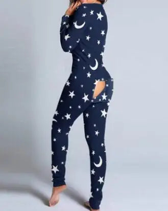 Sexy Pyjama Women's Long Sleeves Homewear Suit Button-Down Front Back Butt Bum Open Ass Flap Jumpsuit Loungewear Christmas Print