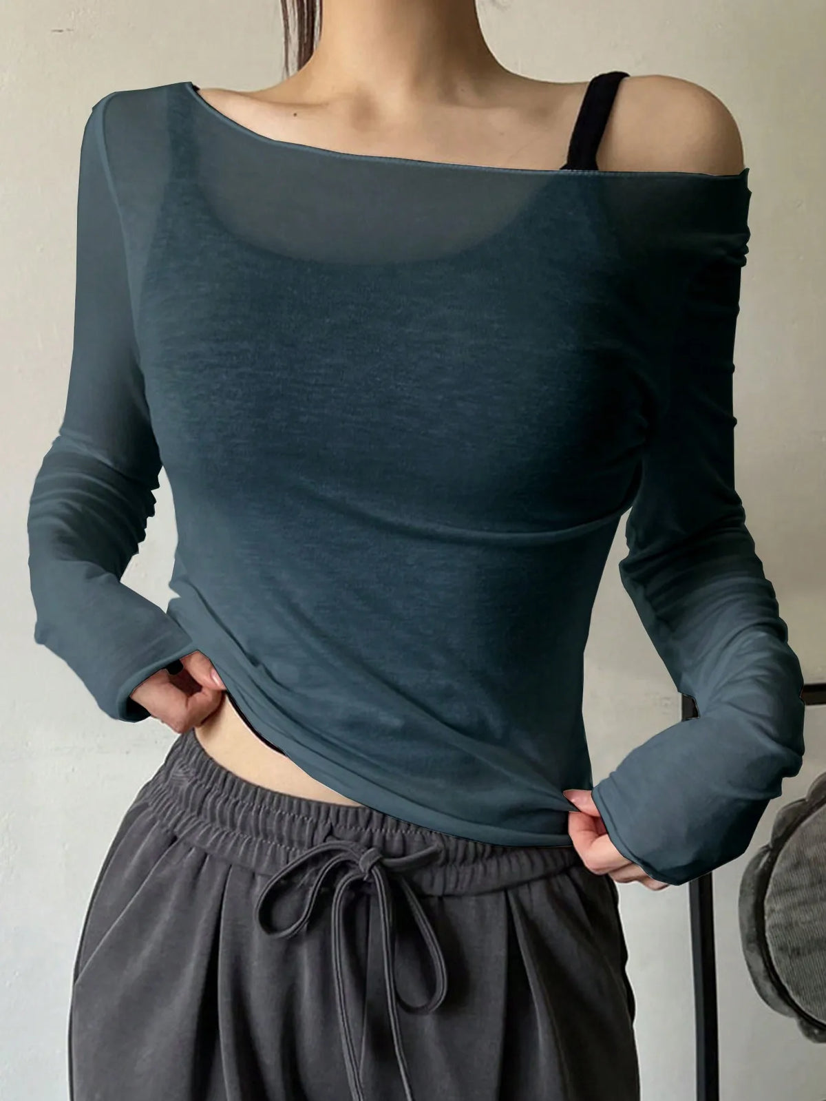 2026 New Arrival Women's T-Shirt: Off-the-Shoulder Semi-Sheer Long-Sleeved Casual Sexy Halter Neck