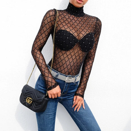 Crystal Fishnet Mesh Bodysuits Women Long Sleeve Bodycon Leotared Body Top Summer Fall Sexy Sheer Bodysuits Party Club