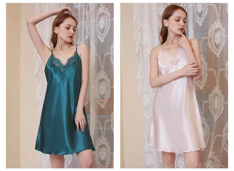 Women's Sleepwear Solid Short Satin Nightgown Mini Slip Chemise Nightwear Sexy Woman Nightie With Lace Trim