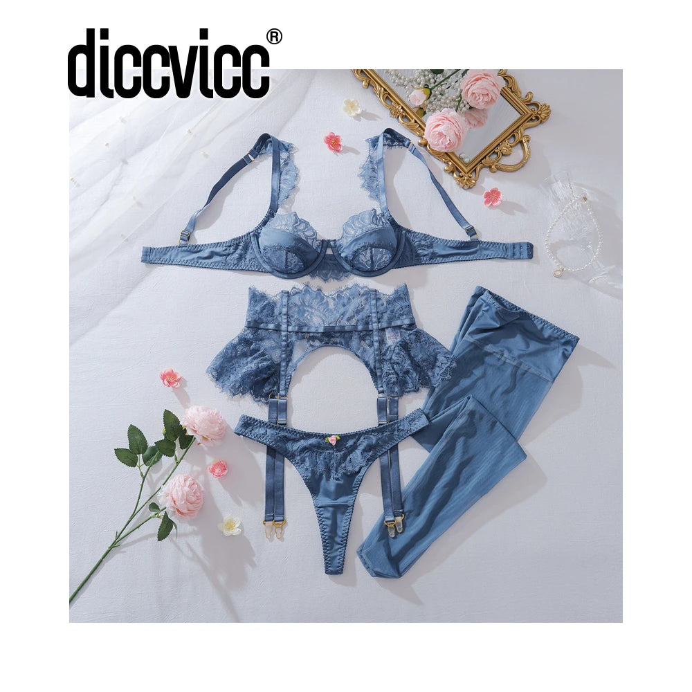 Diccvicc Coquette Slate Blue Lingerie Set 4 Piece Eyelash Lace Satin Bra Peplum Ruffle Garter with Rosebud Thong Women Nightwear