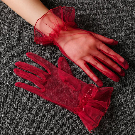 1 Pair Women's Lace Full Finger Gloves Fashion Short Tulle Elastic Etiquette Lotus Leaf Shears for Stylish Hand Protection