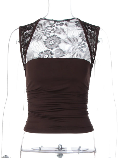 Hugcitar Summer Square Collar Solid Patchwork Lace Sexy Crop Tank Top Fashion Female Clothes Streetwear Vacation Club