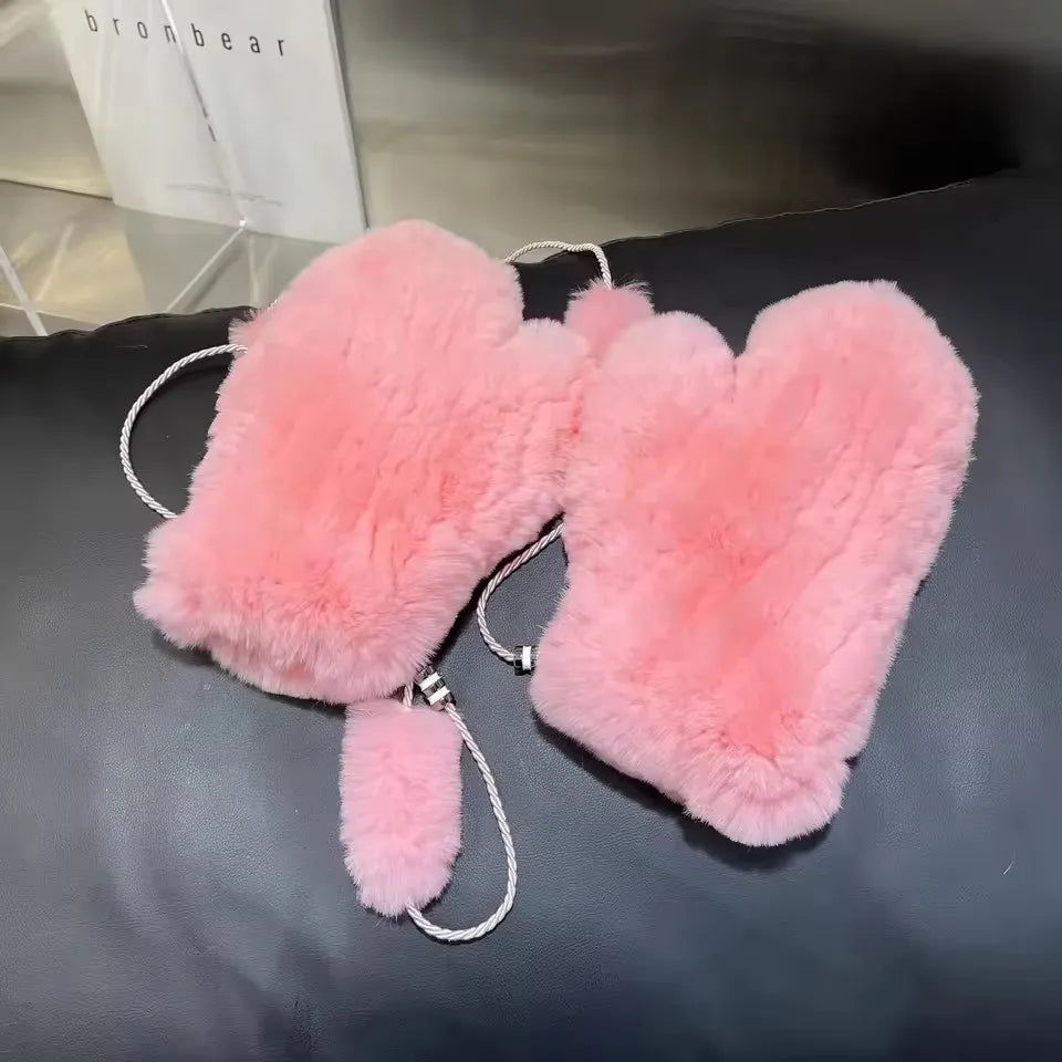 Hot Sale Women's 100% Natural Rabbit Fur Winter Gloves Warm Knit Thick Thermal Mittens Soft Real Fur Outdoor Cold Weather Glove