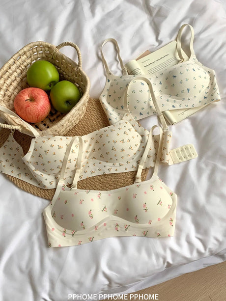 Plunge Neck Floral Demi Cup Bra Small Bust Wirefree Push Up Seamless Invisible Thin Cute Teen Girls Daily Wear Underwear