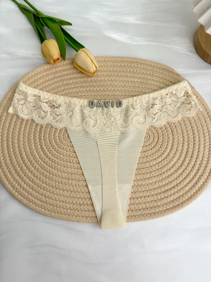 Personalized Custom Thong Name Crystal Letter G-String Low Waisted Lace Thong Ice Silk Bikini Panties Hot Wife Girlfriend Gift