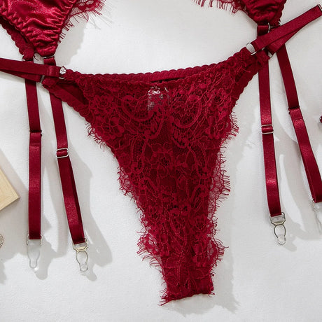 Willowy Women's Lingerie Sets Gorgeous French Lace Satin Patchwork Bra Belt Thong with Leg Circles Slim Sexy Underwear