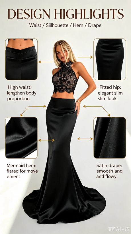 Women Black Satin Mermaid Maxi Skirt High Waist Bodycon Long Skirt Elegant Evening Party Formal Dressy Skirts