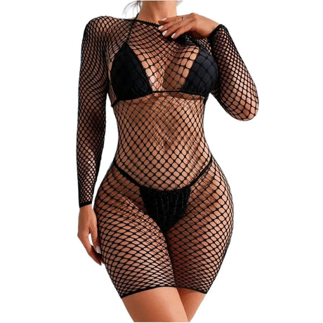 Women Wedding Night Black Dress Mini Dress Sexy Hollow Out Fishnet Cover Up Long Sleeve Sheer Mesh Beach Dress Coverups