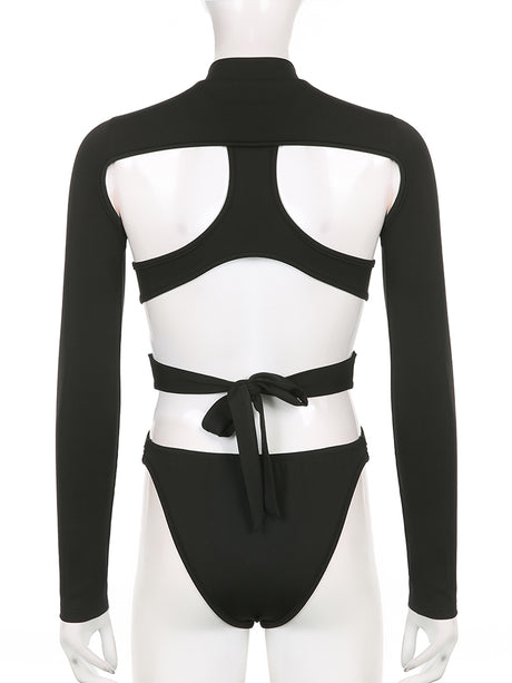 Women Bodysuits Long Sleeve High Neck Cut Out Leotard Body Top Y2K Gothic Club Shirts Summer Fall Streetwear