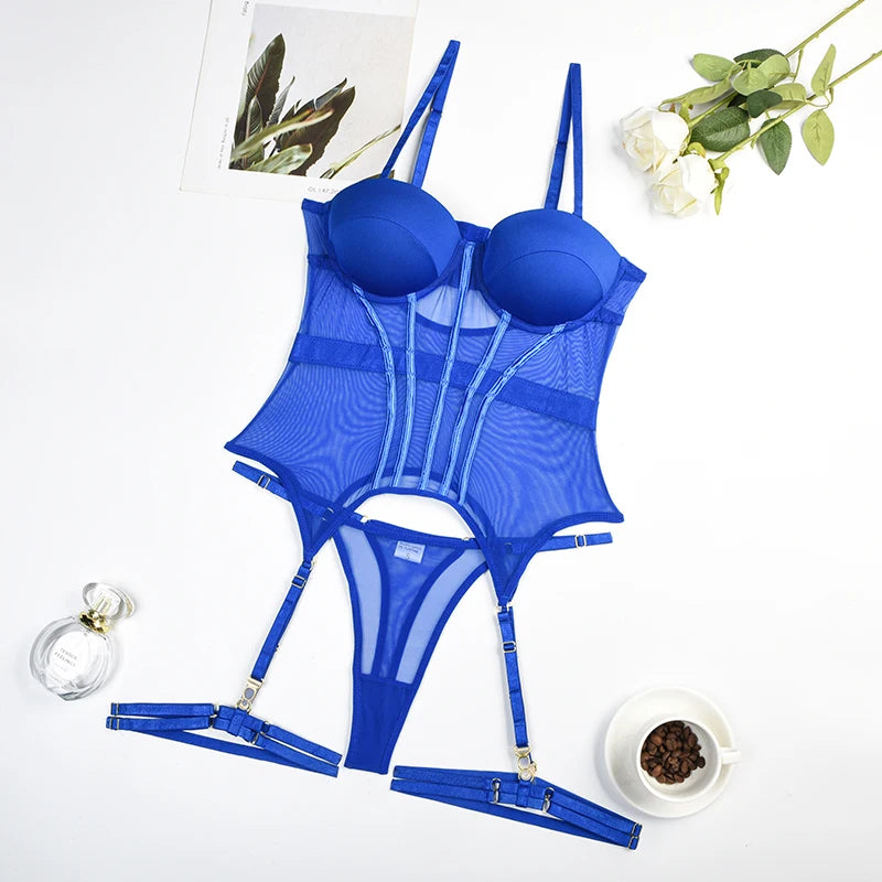 MUZISKAT Mesh Lingerie Luxury Brand Bodysuit Backless Tops for Women 3 Piece Lingerie Set with Garter Sexydresses for Women