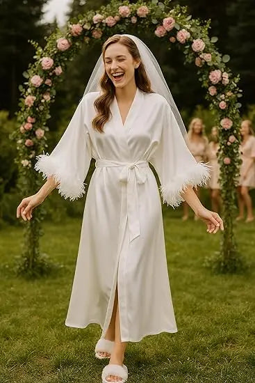 Feather Robe Long Cardinal Red Bridal Lingerie Softest Bridal Robe with Feather Boudoir Silk Kimono Bridesmaid Dressing Gown New