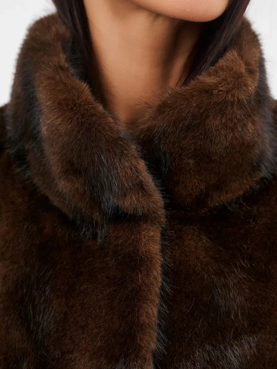 2026 Autumn Winter Women Faux Mink Fur Coat Lapel Collar Belted Long Jacket Luxury Fluffy Outerwear Brown