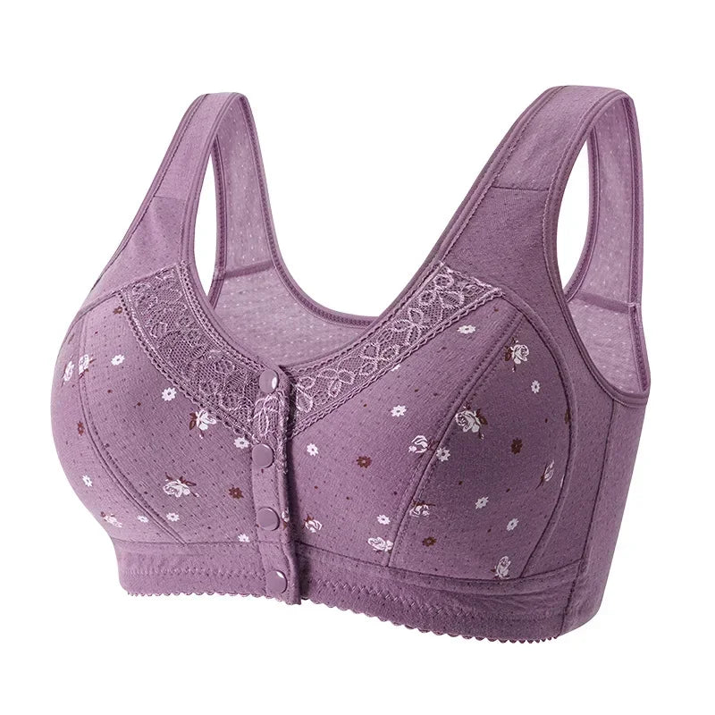 FallSweet Front Closure Cotton Bra for Women Plus Size Seamless Wireless Sports Bras Thin Underwear for Middle-Aged & Elderly